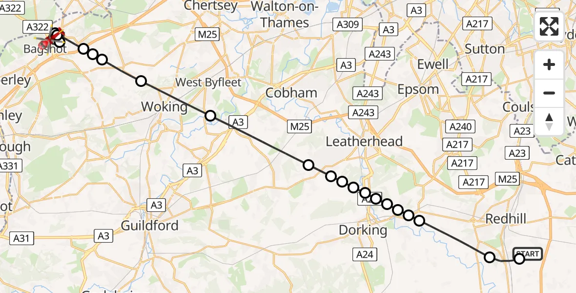 Flight route Air Ambulance Helicopter Redhill Aerodrome - Bagshot, 28 June 2026, 20:38