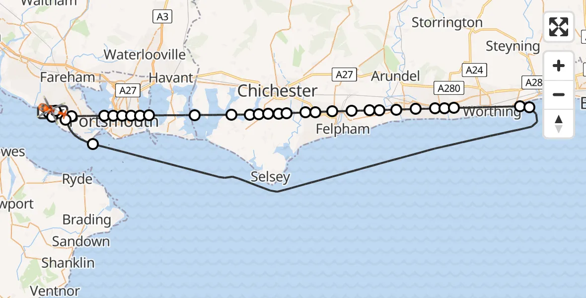 Flight route Coastguard Helicopter Solent Airport - Solent Airport, 28 June 2026, 20:40