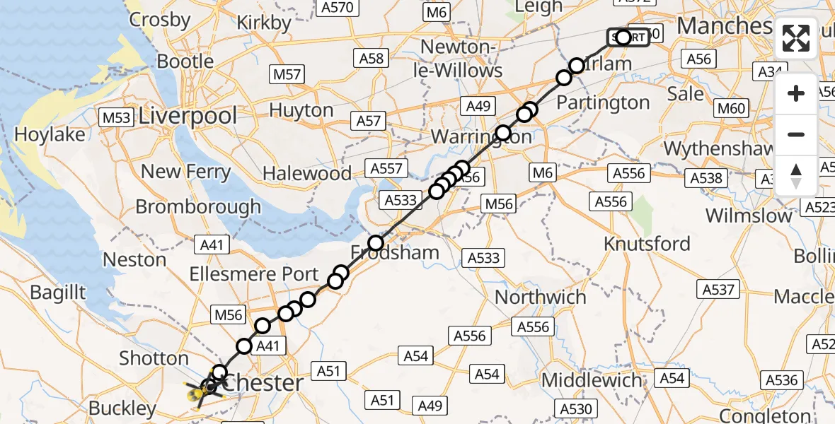 Flight route Police Helicopter Manchester Barton Aerodrome - Saltney Ferry, 28 June 2026, 20:46