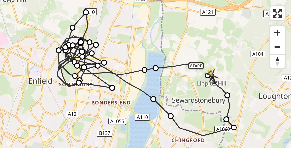 Flight route Police Helicopter Sewardstonebury - Metropolitan Police Air Support Unit Lippitts Hill, 28 June 2026, 21:04