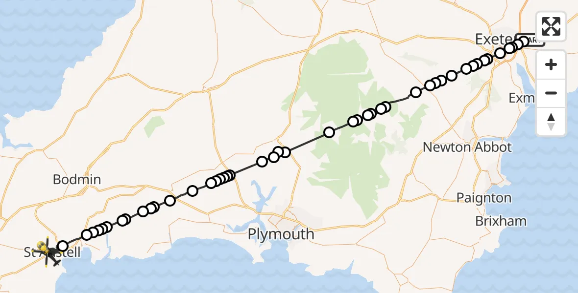 Flight route Police Helicopter Clyst Honiton - St. Austell, 28 June 2026, 21:18
