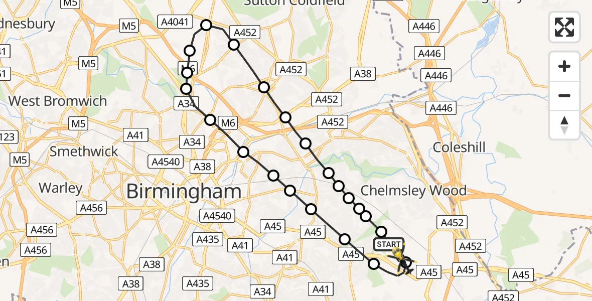 Flight route Police Helicopter Birmingham Airport - Solihull, 28 June 2026, 21:38