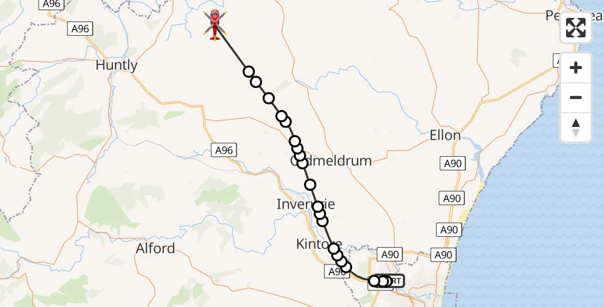 Flight route Air Ambulance Helicopter Aberdeen International Airport - Aberdeenshire, 28 June 2026, 21:43