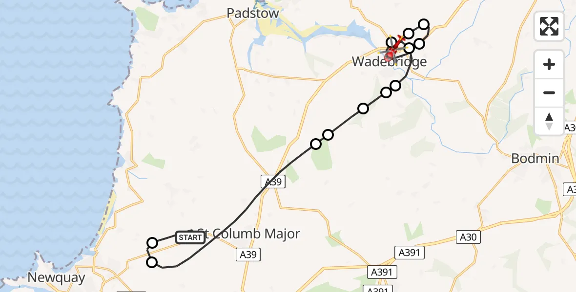 Flight route Air Ambulance Helicopter Cornwall Airport Newquay - Bodieve, 28 June 2026, 21:52