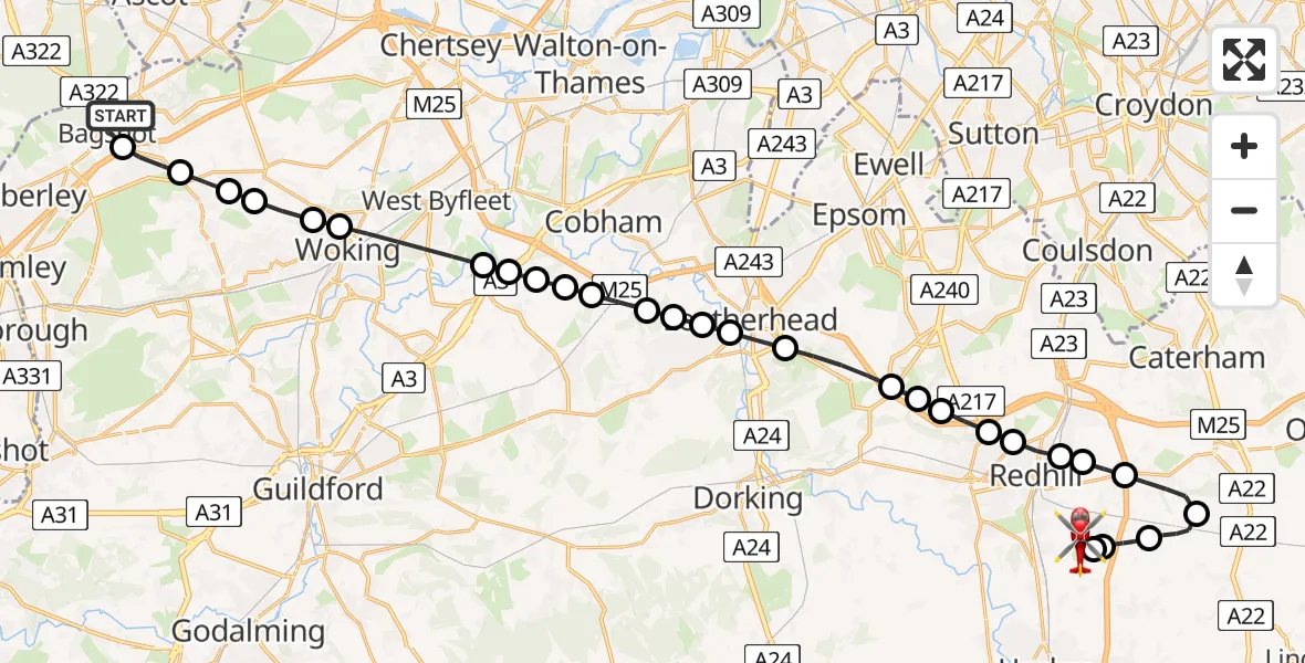 Flight route Air Ambulance Helicopter Bagshot - Redhill Aerodrome, 28 June 2026, 22:00