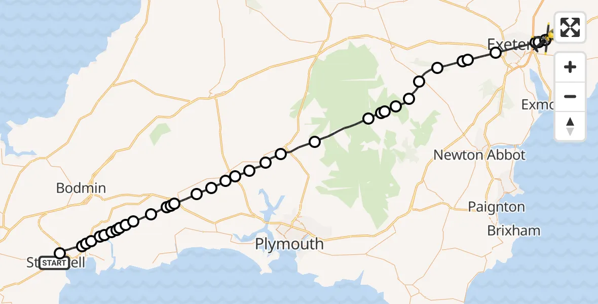 Flight route Police Helicopter St. Austell - Exeter International Airport, 28 June 2026, 22:13