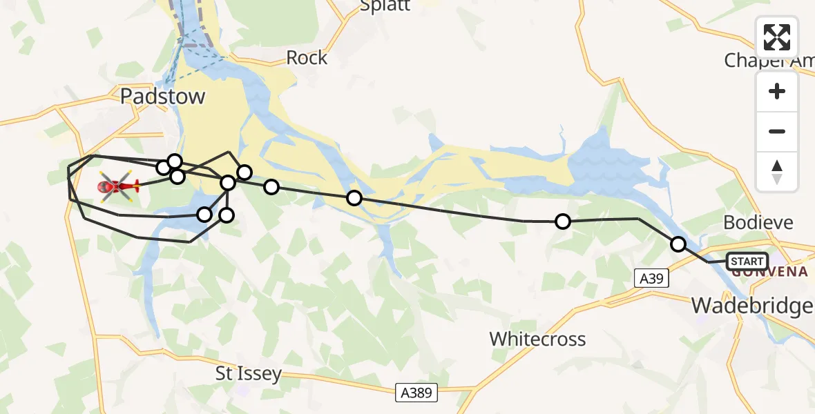 Flight route Air Ambulance Helicopter Wadebridge - Padstow, 28 June 2026, 22:22