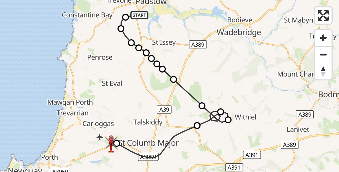 Flight route Air Ambulance Helicopter Padstow - Cornwall Airport Newquay, 28 June 2026, 22:42