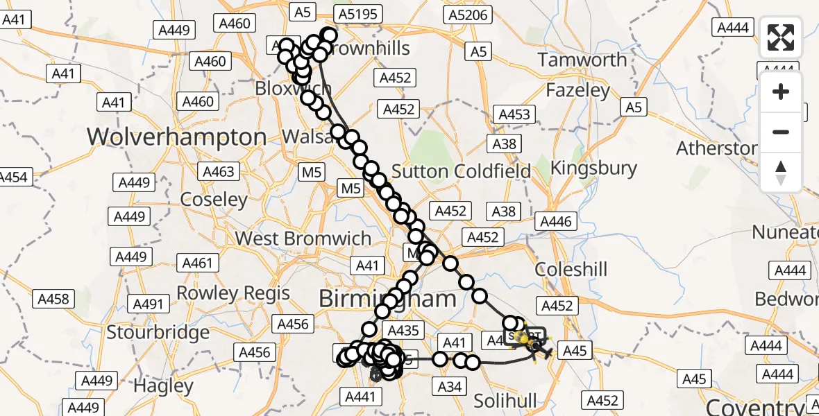 Flight route Police Helicopter Birmingham Airport - Birmingham Airport, 28 June 2026, 22:51