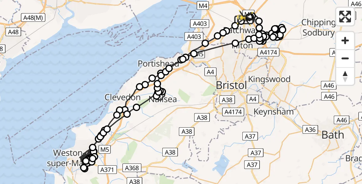 Flight route Police Helicopter Almondsbury - Almondsbury Helicopter Base, 28 June 2026, 22:57