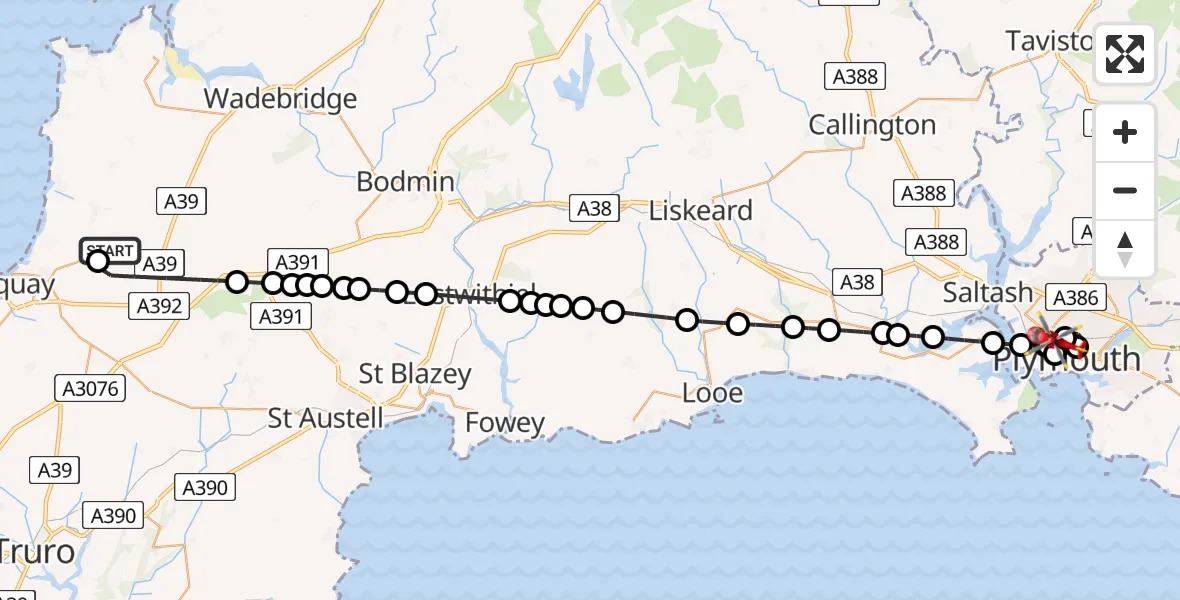 Flight route Air Ambulance Helicopter Cornwall Airport Newquay - Pennycomequick, 28 June 2026, 23:18