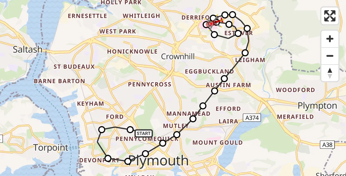 Flight route Air Ambulance Helicopter Pennycomequick - Derriford Hospital, 29 June 2026, 00:25