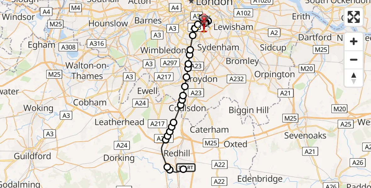 Flight route Air Ambulance Helicopter Redhill Aerodrome - Kings College London Hospital, 29 June 2026, 00:43