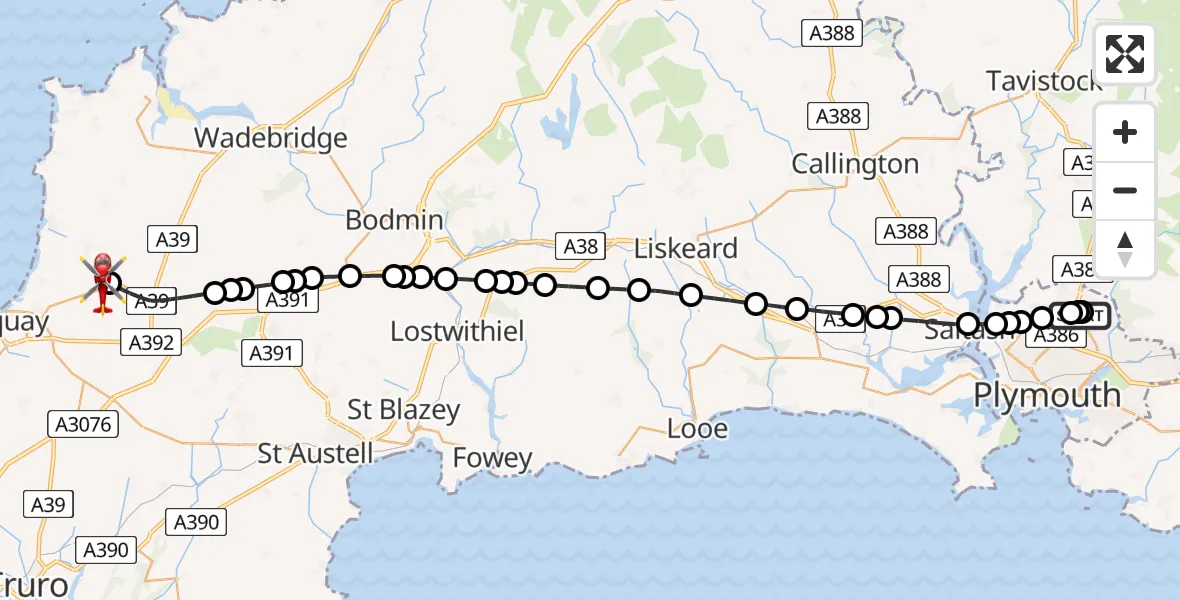 Flight route Air Ambulance Helicopter Derriford Hospital - Cornwall Airport Newquay, 29 June 2026, 01:00