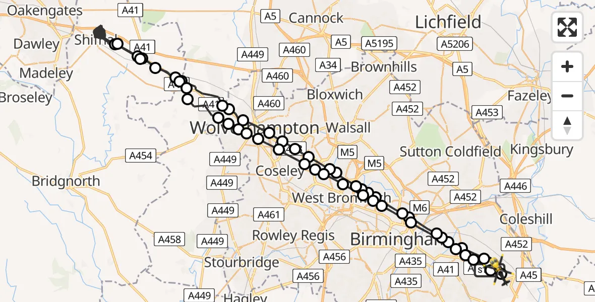 Flight route Police Helicopter Birmingham Airport - Solihull, 29 June 2026, 01:03