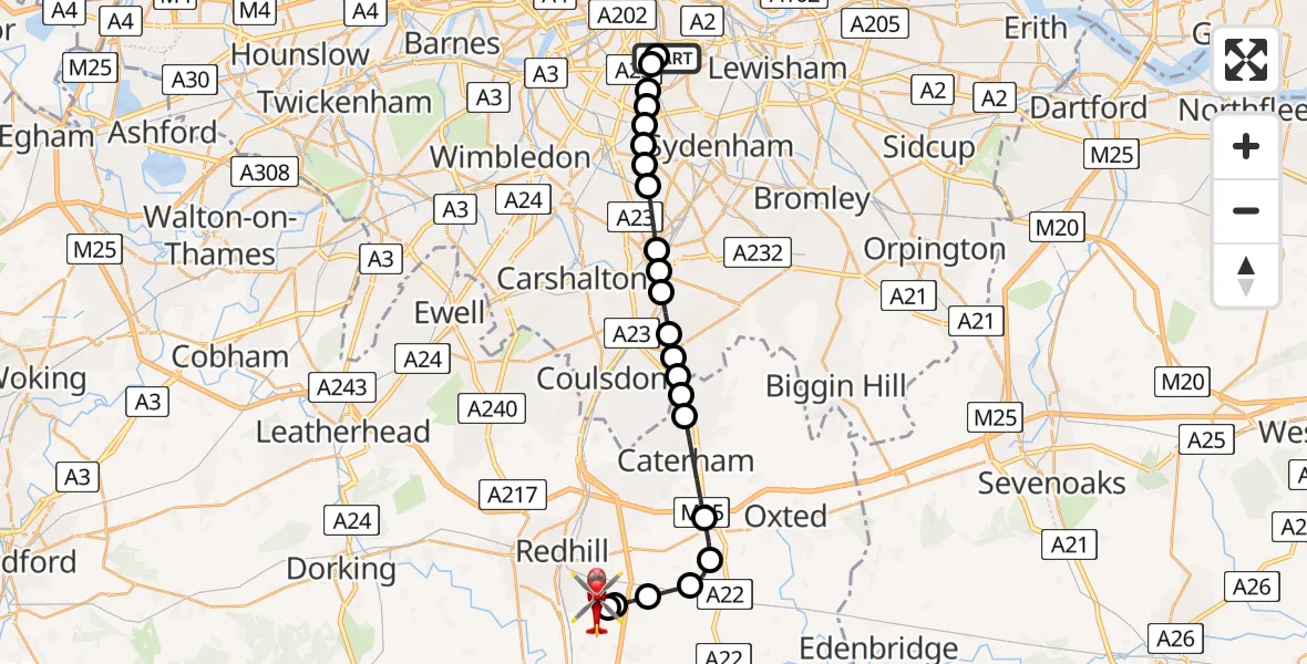 Flight route Air Ambulance Helicopter Kings College London Hospital - Redhill Aerodrome, 29 June 2026, 01:36
