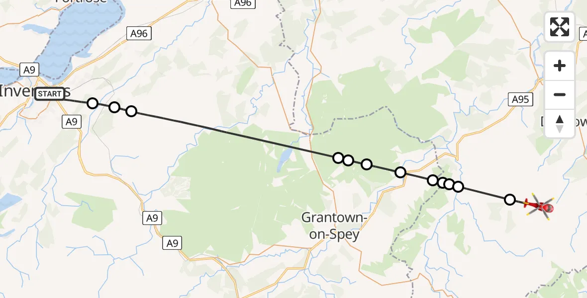 Flight route Air Ambulance Helicopter Inverness - Moray, 29 June 2026, 02:05