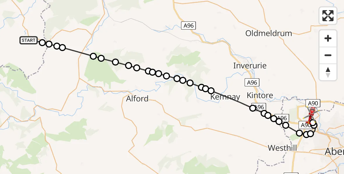 Flight route Air Ambulance Helicopter Cabrach - Aberdeen International Airport, 29 June 2026, 02:23