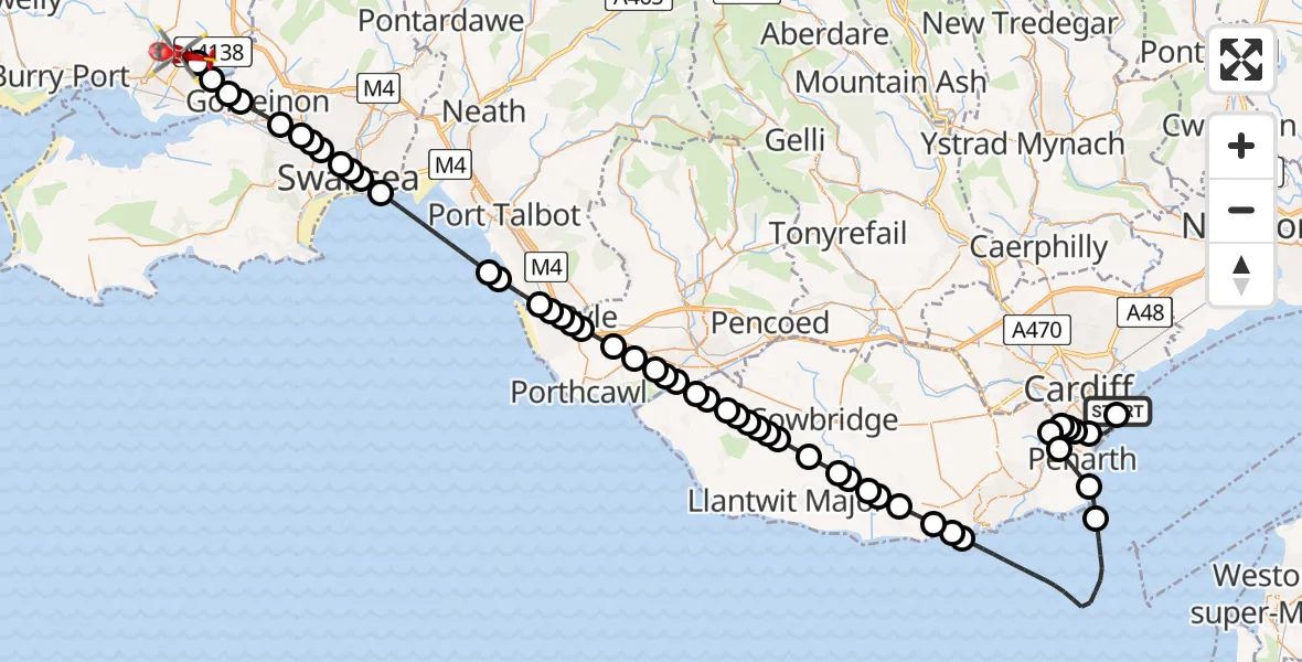 Flight route Air Ambulance Helicopter Cardiff Heliport - Dafen, 29 June 2026, 06:39