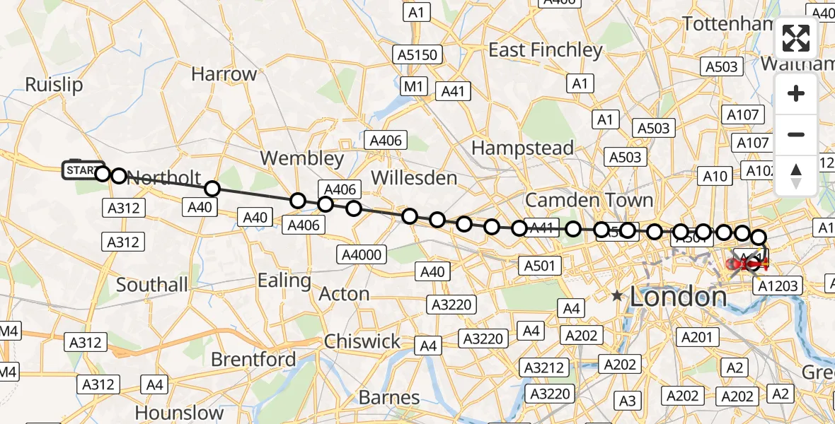 Flight route Air Ambulance Helicopter RAF Northolt - Royal London Hospital, 29 June 2026, 07:07