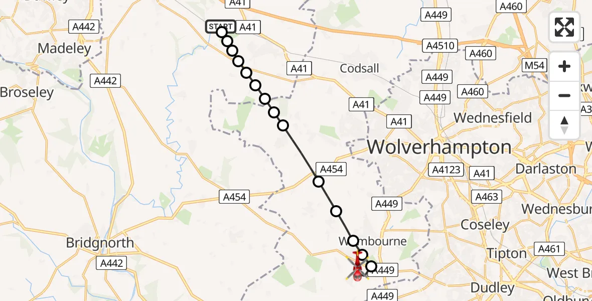 Flight route Air Ambulance Helicopter RAF Cosford - Himley, 29 June 2026, 07:10