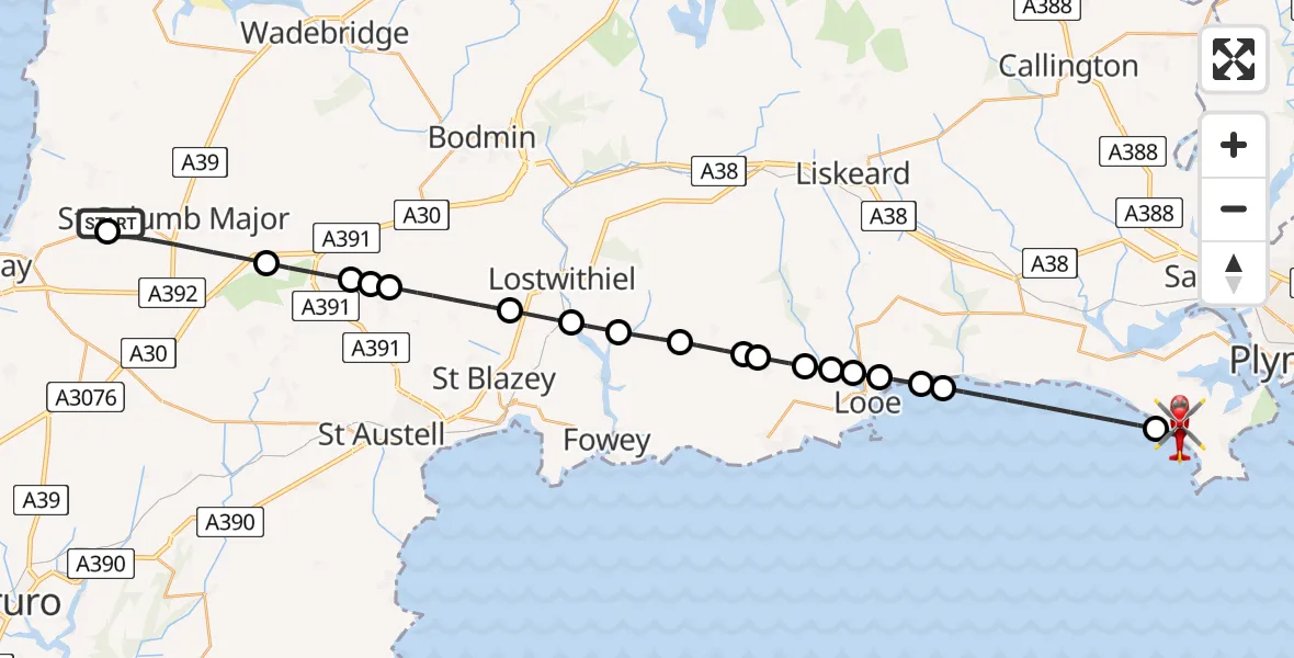 Flight route Air Ambulance Helicopter Cornwall Airport Newquay - Freathy, 29 June 2026, 07:13