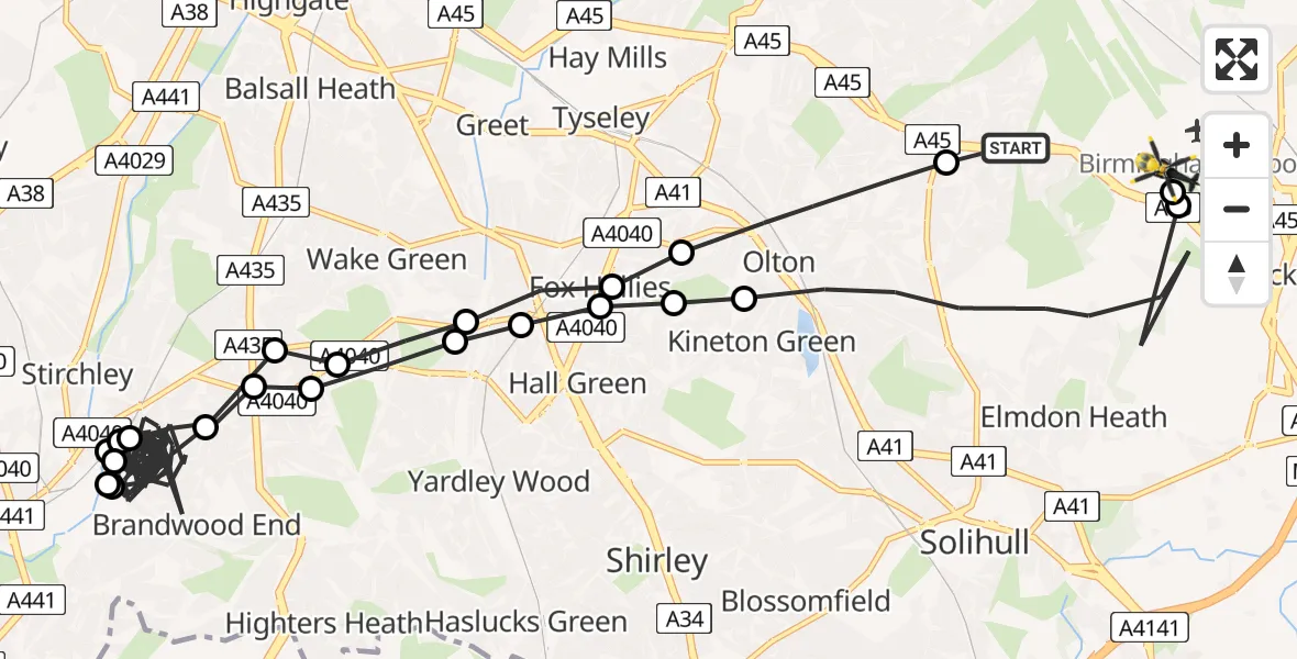 Flight route Police Helicopter Sheldon - Birmingham Airport, 29 June 2026, 07:35