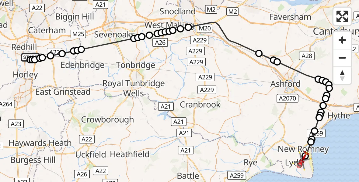 Flight route Air Ambulance Helicopter Redhill Aerodrome - Lydd London Ashford Airport, 29 June 2026, 07:41