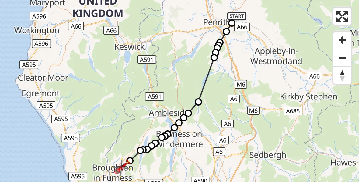 Flight route Air Ambulance Helicopter Edenhall - Kirkby Ireleth, 29 June 2026, 08:21
