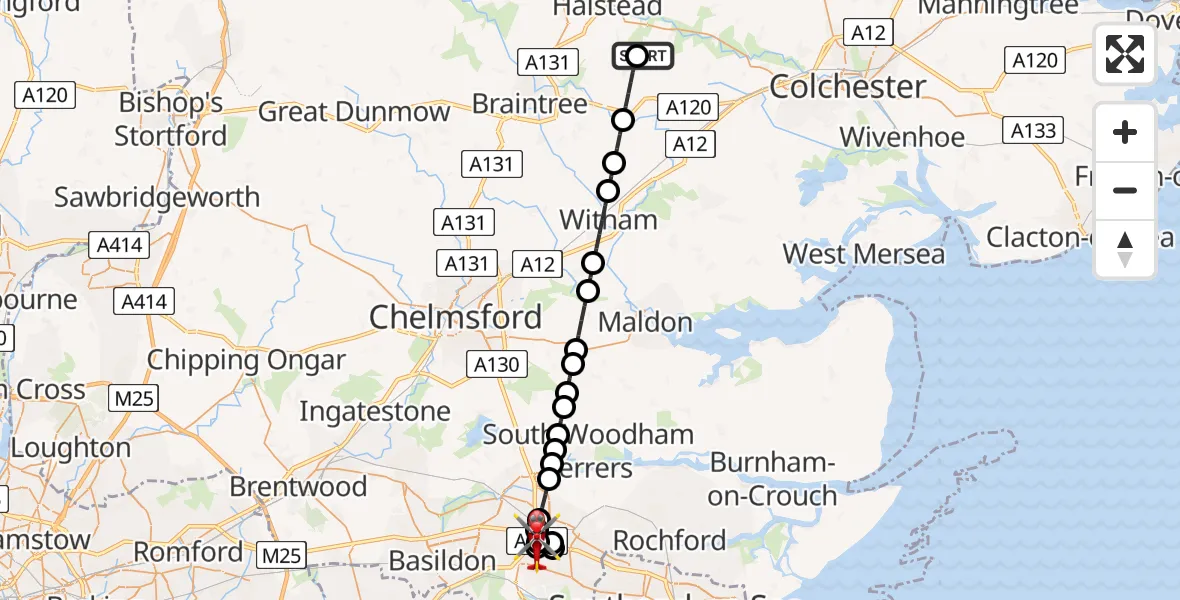 Flight route Air Ambulance Helicopter Earls Colne Airfield - Basildon, 29 June 2026, 08:30