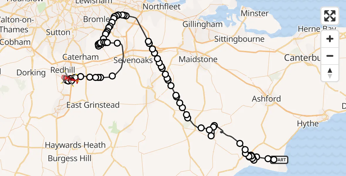 Flight route Air Ambulance Helicopter Lydd London Ashford Airport - Tandridge, 29 June 2026, 08:31