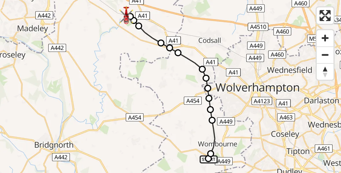 Flight route Air Ambulance Helicopter Smestow - Cosford, 29 June 2026, 08:33