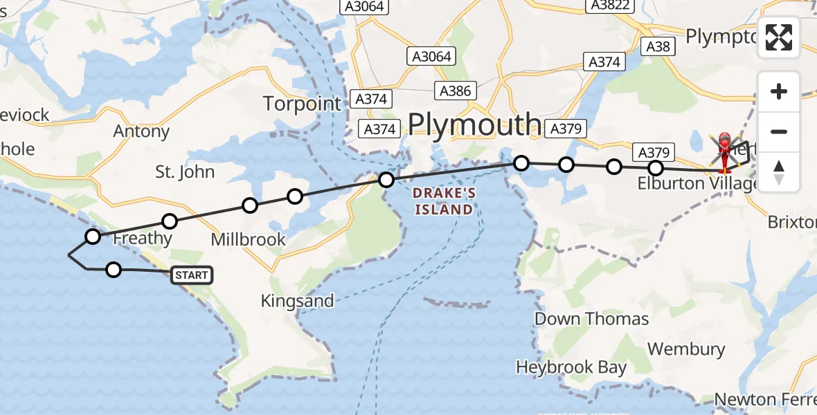 Flight route Air Ambulance Helicopter Freathy - Elburton Village, 29 June 2026, 08:51
