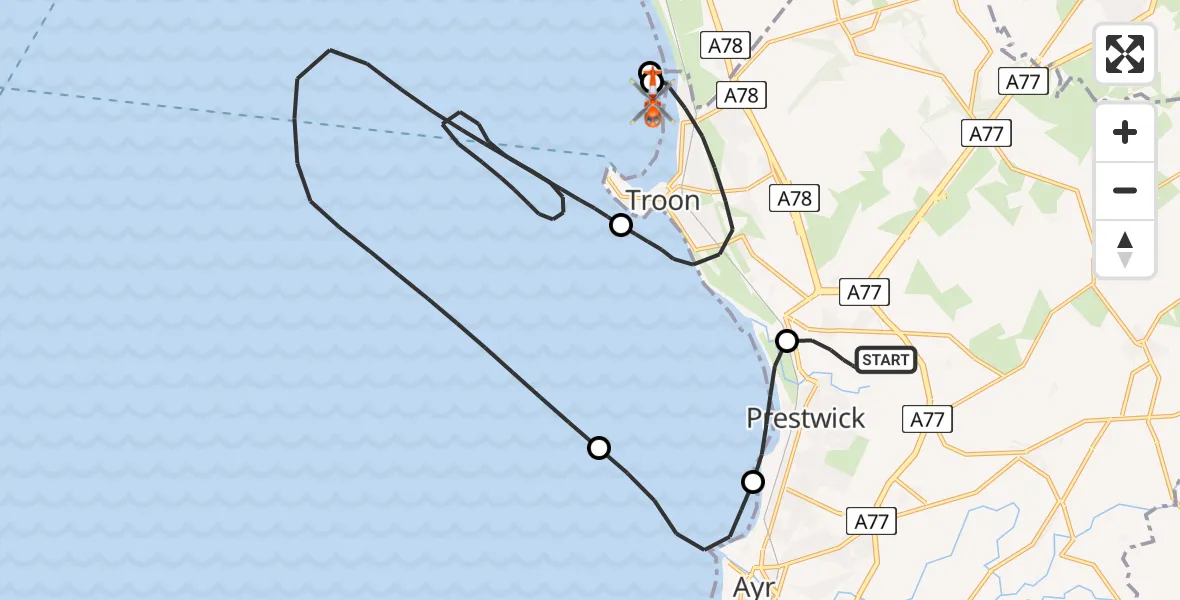 Flight route Coastguard Helicopter Glasgow Prestwick Airport - Troon, 29 June 2026, 09:02