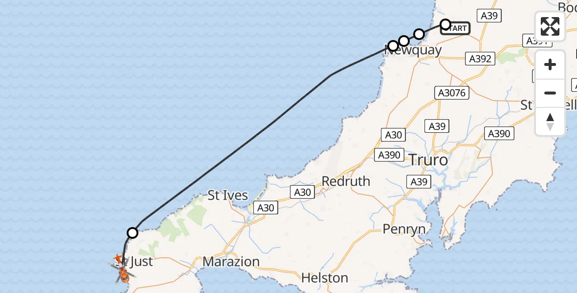 Flight route Coastguard Helicopter Cornwall Airport Newquay - St Just, 29 June 2026, 09:04