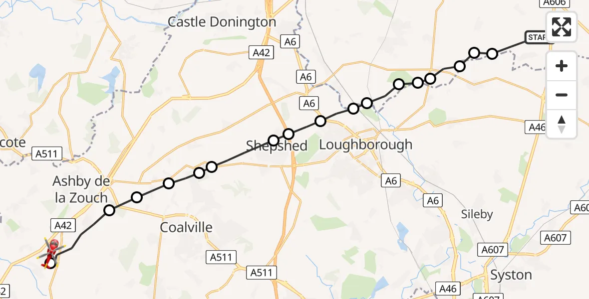 Flight route Air Ambulance Helicopter Willoughby on the Wolds - Measham, 29 June 2026, 09:24