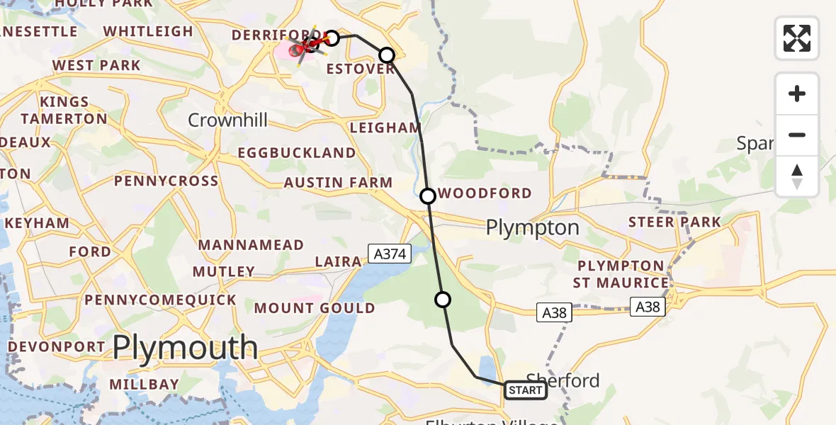 Flight route Air Ambulance Helicopter Elburton Village - Derriford Hospital, 29 June 2026, 09:30
