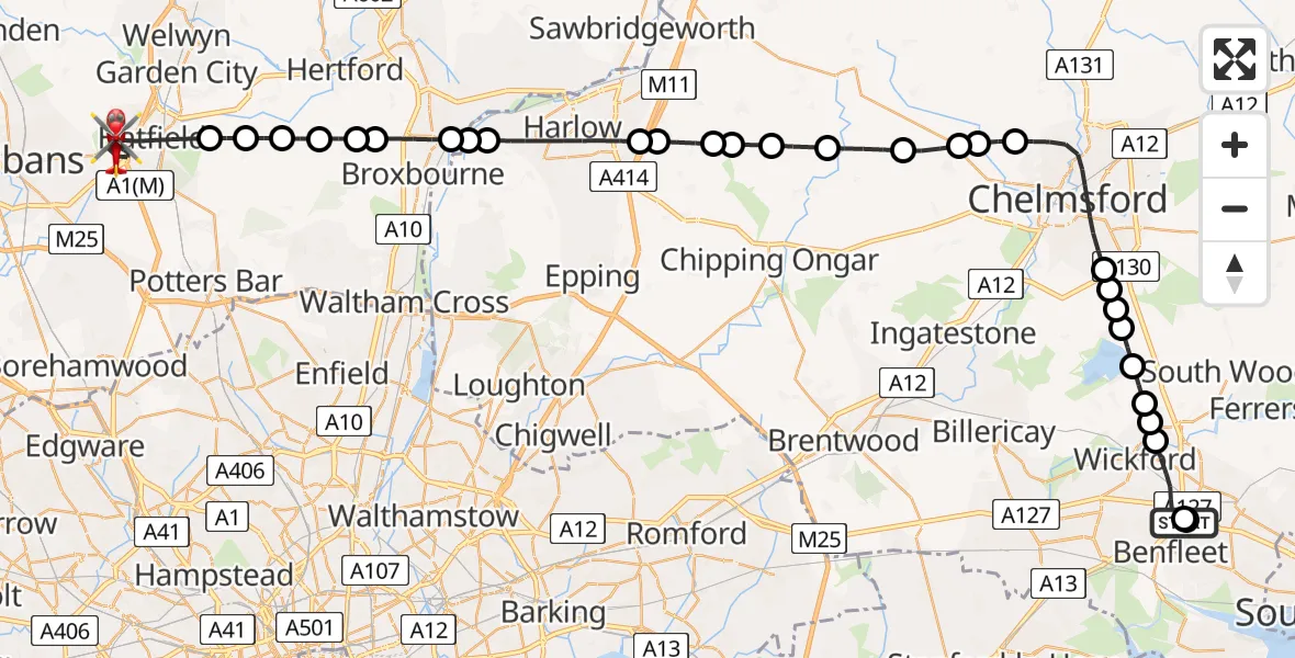 Flight route Air Ambulance Helicopter Basildon - Hatfield, 29 June 2026, 09:32