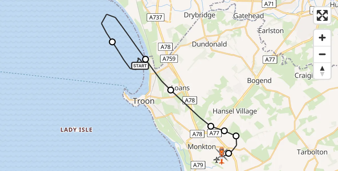 Flight route Coastguard Helicopter Troon - Glasgow Prestwick Airport, 29 June 2026, 09:33