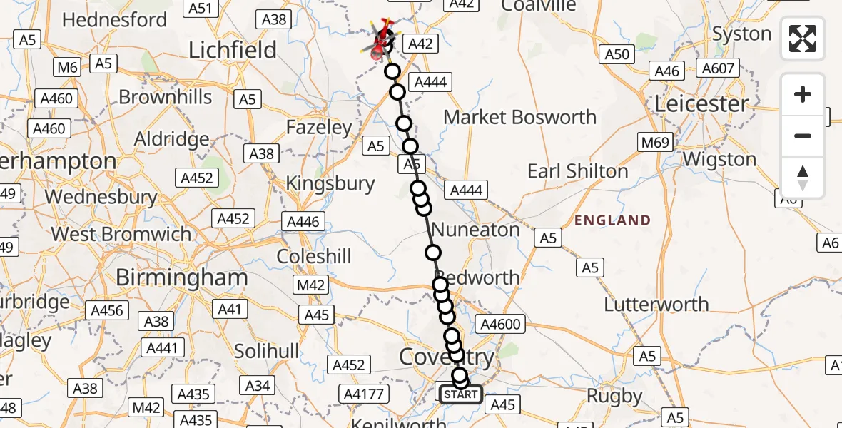 Flight route Air Ambulance Helicopter Tollbar End - Clifton Campville, 29 June 2026, 09:37