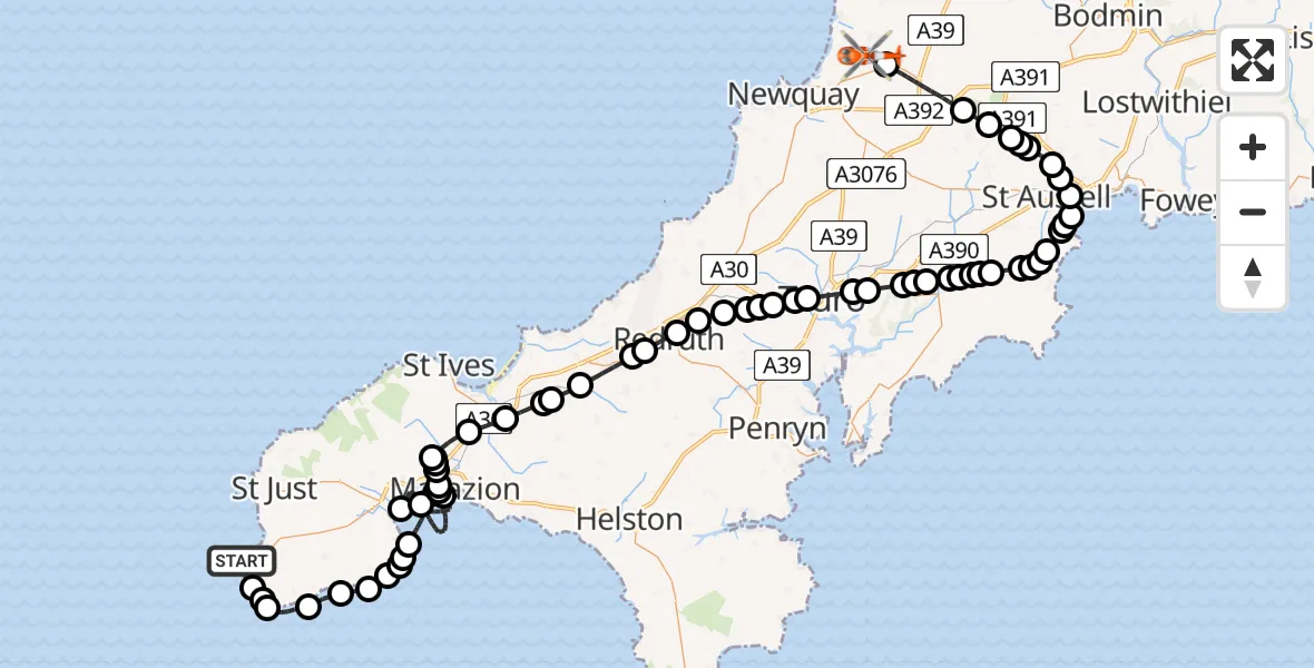 Flight route Coastguard Helicopter Sennen Cove - Cornwall Airport Newquay, 29 June 2026, 09:38