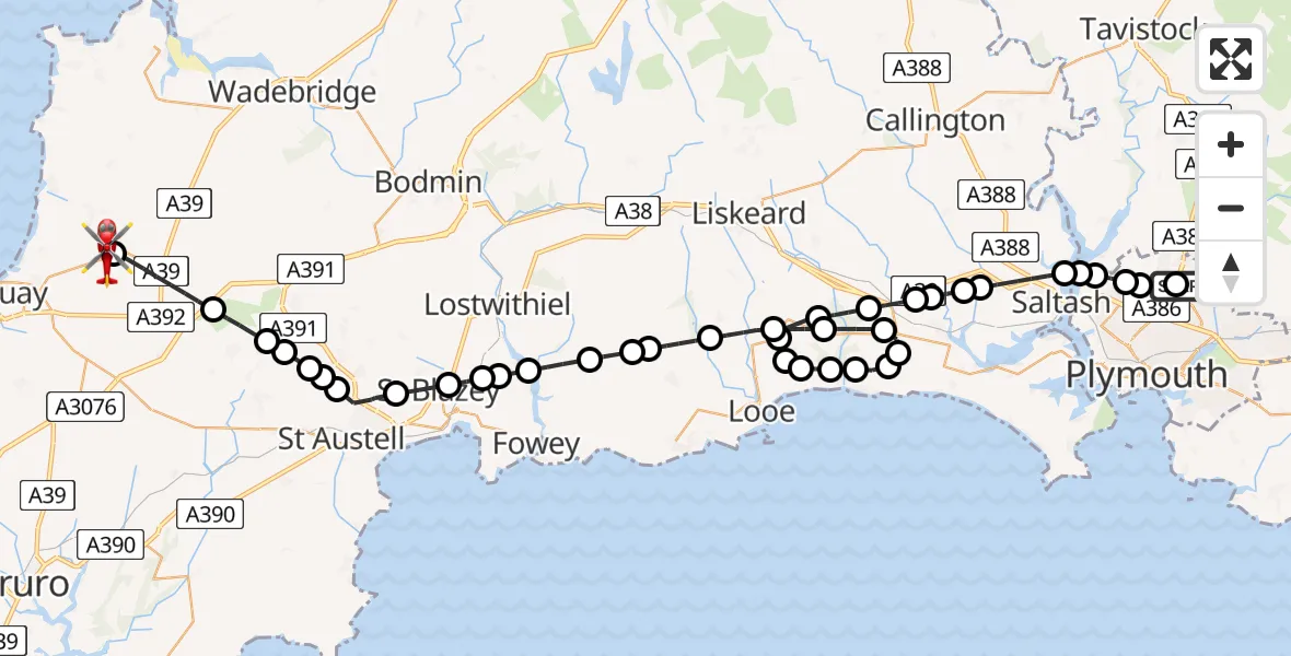 Flight route Air Ambulance Helicopter Derriford Hospital - Cornwall Airport Newquay, 29 June 2026, 09:40
