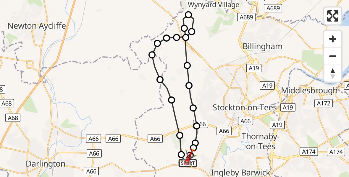 Flight route Air Ambulance Helicopter Egglescliffe - Longnewton, 29 June 2026, 09:56