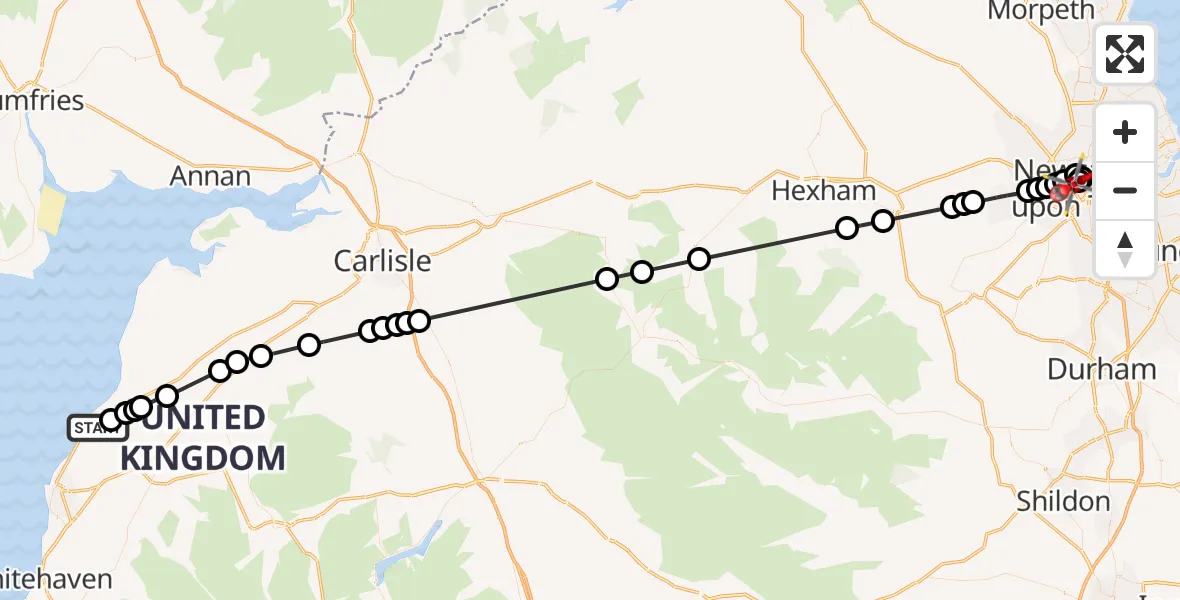 Flight route Air Ambulance Helicopter Birkby - Newcastle Royal Victoria Infirmary, 29 June 2026, 10:08