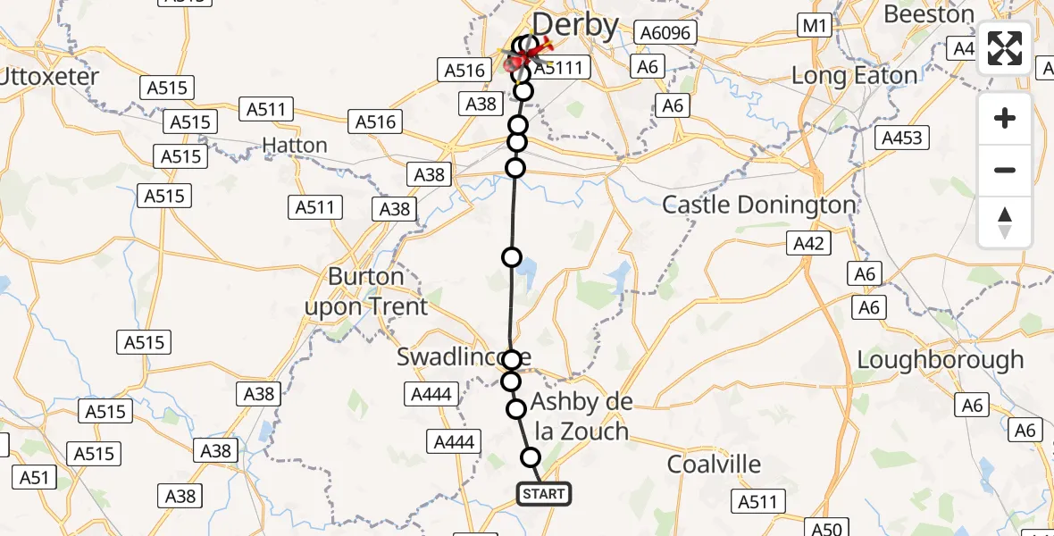 Flight route Air Ambulance Helicopter Measham - Littleover, 29 June 2026, 10:21
