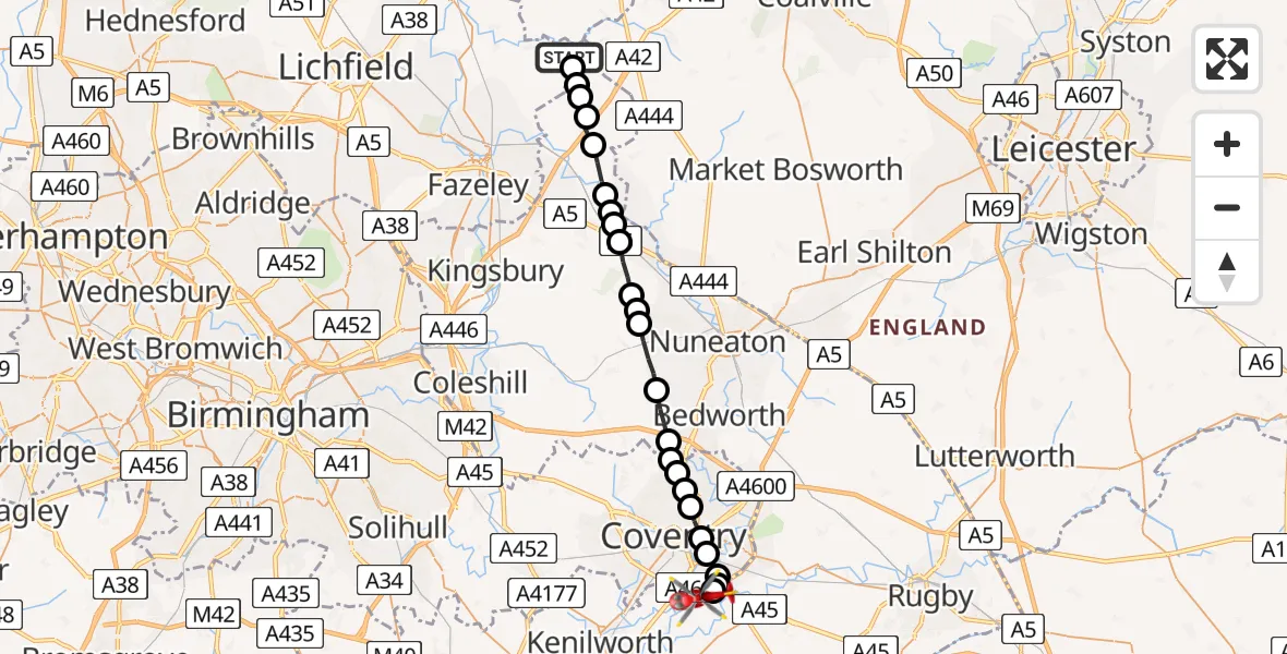 Flight route Air Ambulance Helicopter Clifton Campville - Coventry Airport, 29 June 2026, 10:31