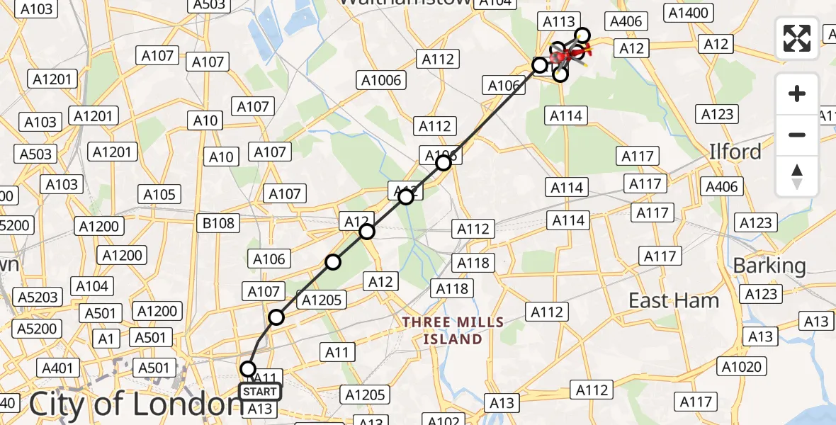 Flight route Air Ambulance Helicopter Royal London Hospital - Wanstead, 29 June 2026, 10:34