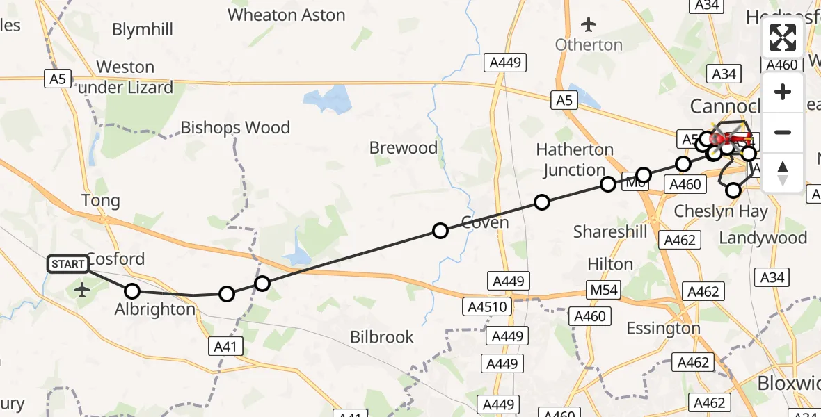 Flight route Air Ambulance Helicopter RAF Cosford - Cannock, 29 June 2026, 10:41