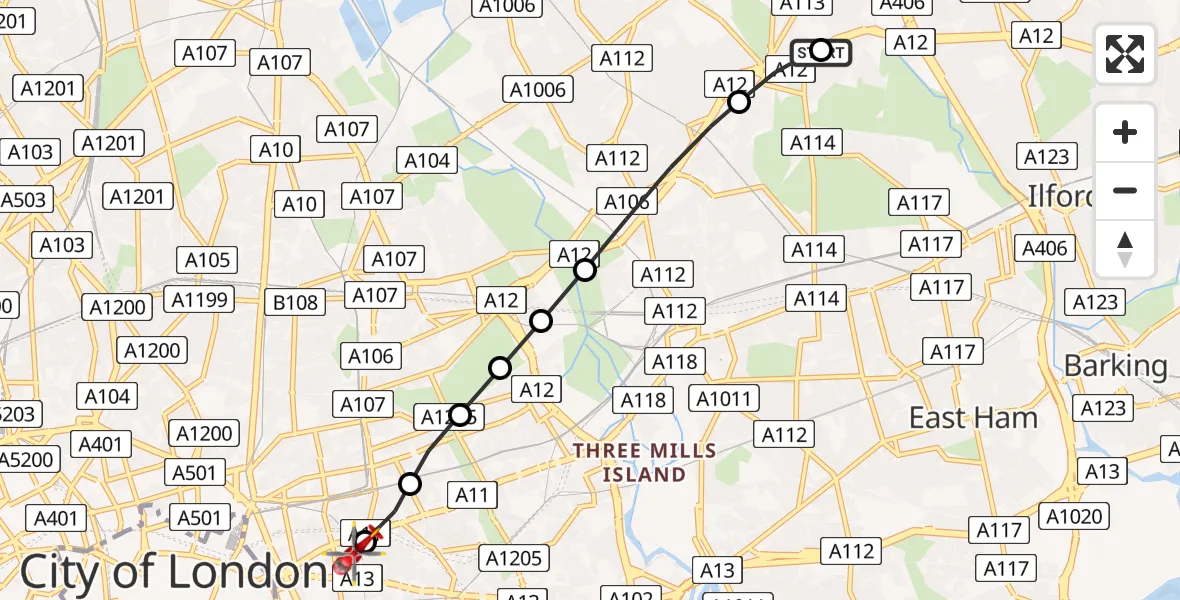 Flight route Air Ambulance Helicopter Wanstead - Royal London Hospital, 29 June 2026, 10:53