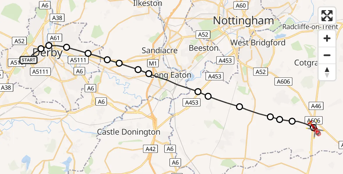 Flight route Air Ambulance Helicopter Littleover - Rushcliffe, 29 June 2026, 10:54